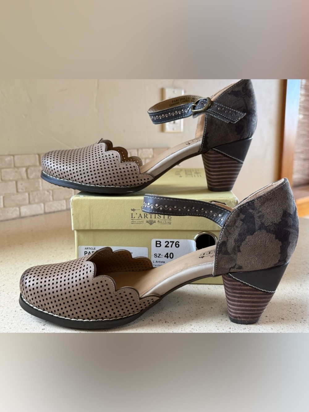 L'ARTISTE Taupe and Dark Brown Scalloped Perforated Ankle-Strap Heels